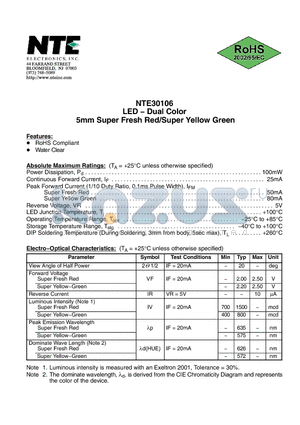 NTE30106 datasheet - LED − Dual Color 5mm Super Fresh Red/Super Yellow Green