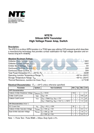 NTE70 datasheet - Silicon NPN Transistor High Voltage Power Amp, Switch