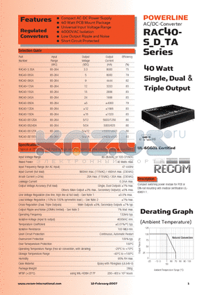 RAC40-0512DA datasheet - 40 Watt Single, Dual & Triple Output