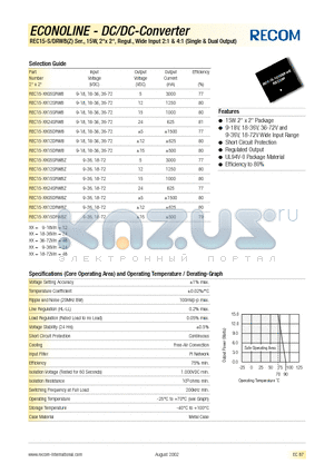 REC15-2424DRWB datasheet - REC15-S/DRWB(Z) Ser., 15W, 2 x 2, Regul., Wide Input 2 : 1 AND 4 : 1 (Single AND Dual Output)