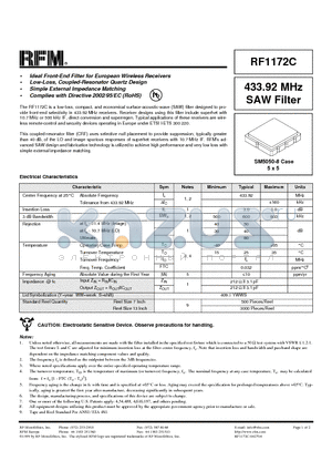 RF1172C datasheet - 433.92 MHz SAW Filter