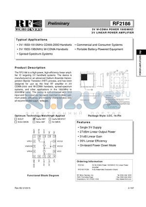 RF2186PCBA datasheet - 3V W-CDMA POWER 1900MHZ/ 3V LINEAR POWER AMPLIFIER