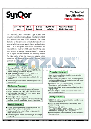 PQ60240QGA05NYS datasheet - Quarter-brick DC/DC Converter