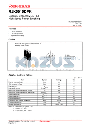 RJK5015DPK datasheet - Silicon N Channel MOS FET High Speed Power Switching