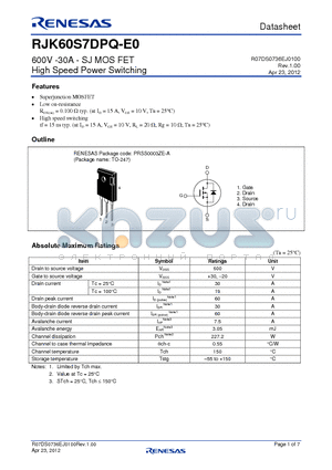 RJK60S7DPQ-E0-T2 datasheet - 600V -30A - SJ MOS FET High Speed Power Switching