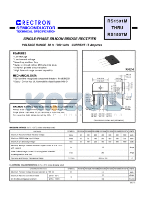 RS1506M datasheet - SINGLE-PHASE SILICON BRIDGE RECTIFIER (VOLTAGE RANGE 50 to 1000 Volts CURRENT 15 Amperes)