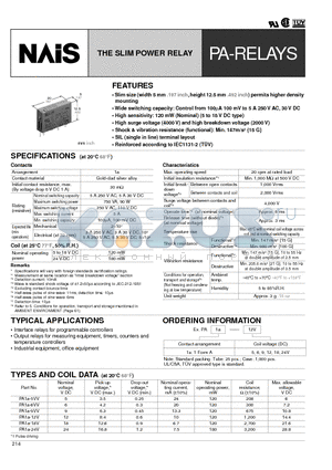 PA1A-18V datasheet - THE SLIM POWER RELAY