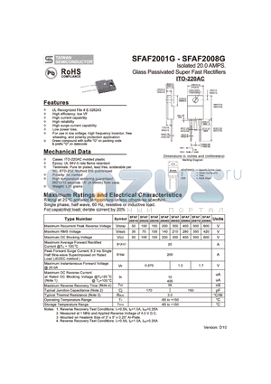 SFAF2002G datasheet - Isolated 20.0 AMPS. Glass Passivated Super Fast Rectifiers