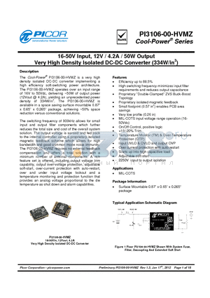 PI3106_00 datasheet - 16-50V Input, 12V / 4.2A / 50W Output Very High Density Isolated DC-DC Converter (334W/in3)