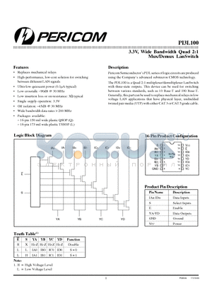 PI3L100Q datasheet - 3.3V, Wide Bandwidth Quad 2:1 Mux/Demux LanSwitch