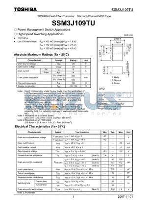 SSM3J109TU datasheet - Field-Effect Transistor Silicon P-Channel MOS Type Power Management Switch Applications High-Speed Switching Applications