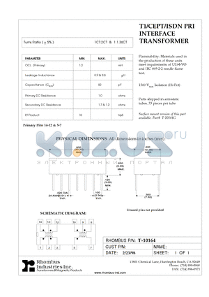 T-10164 datasheet - T1/CEPT/ISDN PRI INTERFACE TRANSFORMER