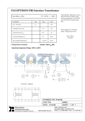 T-14115 datasheet - T1/CEPT/ISDN PRI Interface Transformer