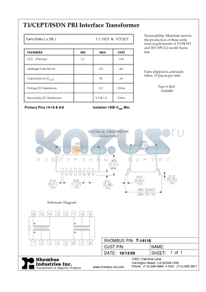 T-14116 datasheet - T1/CEPT/ISDN PRI Interface Transformer