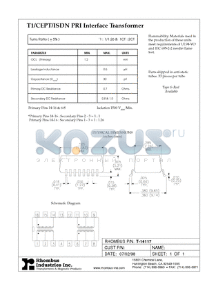 T-14117 datasheet - T1/CEPT/ISDN PRI Interface Transformer