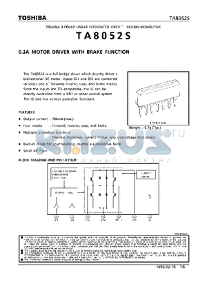 TA8052S datasheet - 0.3A MOTOR DRIVER WITH BRAKE FUNCTION