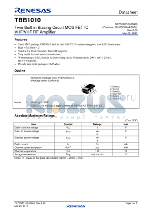 TBB1010KMTL-H datasheet - Twin Built in Biasing Circuit MOS FET IC VHF/VHF RF Amplifier