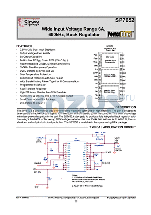 SP7652 datasheet - Wide Input Voltage Range 6A, 600kHz, Buck Regulator