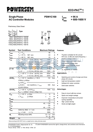 PSW1C100 datasheet - Single Phase AC Controller Modules