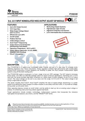 PTV03010WAH datasheet - 8-A, 3.3-V INPUT NONISOLATED WIDE-OUTPUT ADJUST SIP MODULE