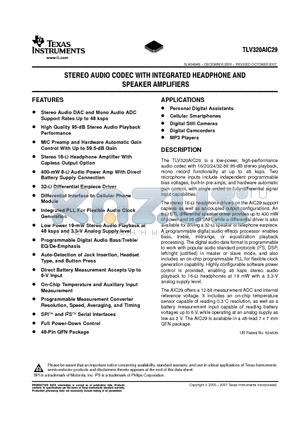 TLV320AIC29IRGZ datasheet - STEREO AUDIO CODEC WITH INTEGRATED HEADPHONE AND SPEAKER AMPLIFIERS