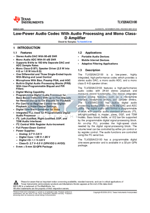 TLV320AIC3100IRHBT datasheet - Low-Power Audio Codec With Audio Processing and Mono Class-D Amplifier