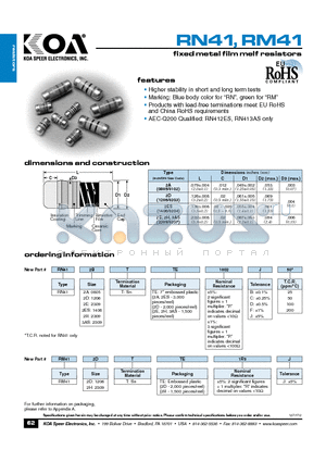 RN412BTTE1002J50 datasheet - fixed metal film melf resistors