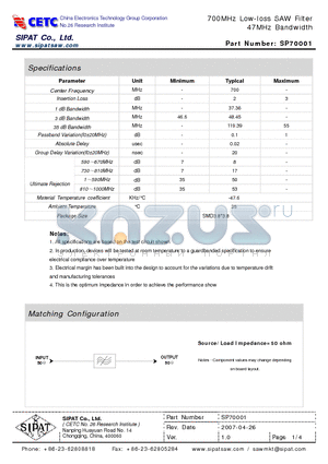 SP70001 datasheet - 700MHz Low-loss SAW Filter 47MHz Bandwidth