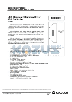 SSD1809 datasheet - LCD SEGMENT / COMMON DRIVER WITH CONTROLLER CMOS