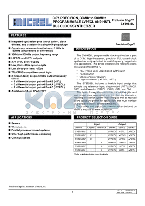 SY89535L datasheet - 3.3V, PRECISION, 33MHz to 500MHz PROGRAMMABLE LVPECL AND HSTL BUS CLOCK SYNTHESIZER