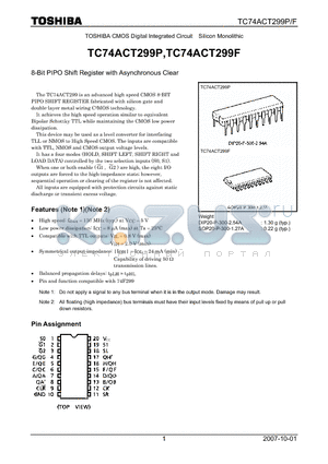 TC74ACT299F datasheet - CMOS Digital Integrated Circuit Silicon Monolithic 8-Bit PIPO Shift Register with Asynchronous Clear