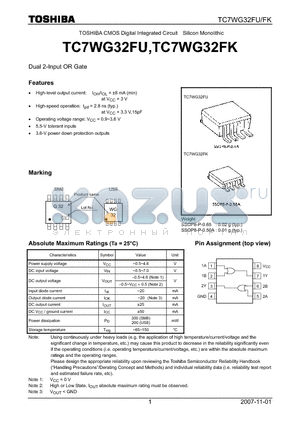 TC7WG32FK datasheet - CMOS Digital Integrated Circuit Silicon Monolithic Dual 2-Input OR Gate