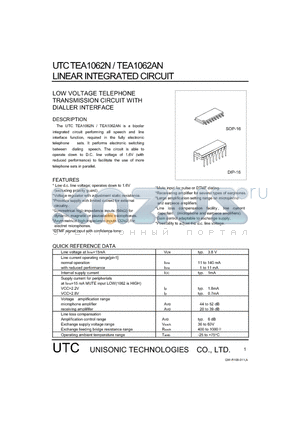 TEA1062AN datasheet - LOW VOLTAGE TELEPHONE TRANSMISSION CIRCUIT WITH DIALLER INTERFACE