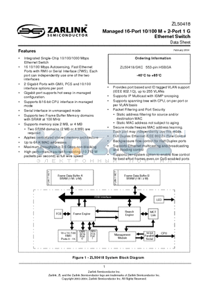 ZL50418 datasheet - Managed 16-Port 10/100 M  2-Port 1 G Ethernet Switch