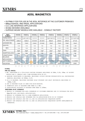 XF0073-AD1 datasheet - ADSL MAGNETICS