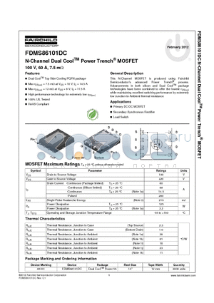 FDMS86101DC datasheet - N-Channel Dual CoolTM Power Trench^ MOSFET 100 V, 60 A, 7.5 mY