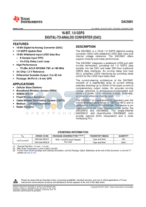 DAC5681IRGCT datasheet - 16-BIT, 1.0 GSPS DIGITAL-TO-ANALOG CONVERTER (DAC)