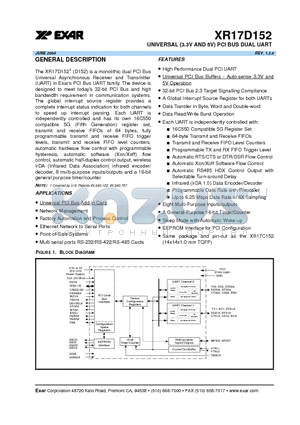 XR17D152CM datasheet - UNIVERSAL (3.3V AND 5V) PCI BUS DUAL UART