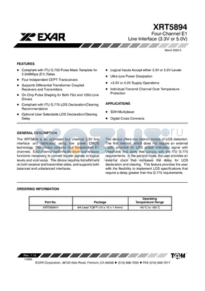 XRT5894 datasheet - Four-Channel E1 Line Interface (3.3V or 5.0V)