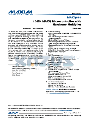 MAXQ615 datasheet - 16-Bit MAXQ Microcontroller with Hardware Multiplier