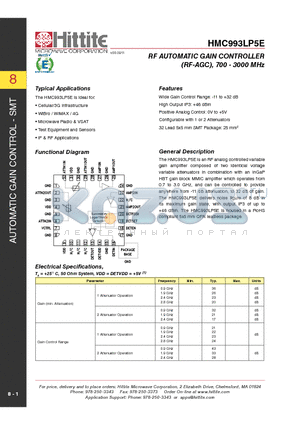 HMC993LP5E datasheet - RF AUTOMATIC GAIN CONTROLLER (RF-AGC), 700 - 3000 MHz
