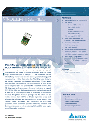NE12S0A0V06PNFA datasheet - Delphi NE Series Non-Isolated Point of Load DC/DC Modules:3.1~13.8Vin, 0.59V-5.1Vout, 6Aout