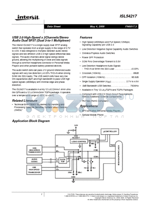 ISL54217IRTZ-T datasheet - USB 2.0 High-Speed x 2Channels/Stereo Audio Dual SP3T (Dual 3-to-1 Multiplexer)