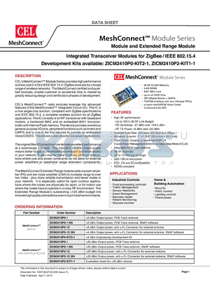 ZICM2410P0-1 datasheet - Integrated Transceiver Modules for ZigBee/IEEE 802.15.4