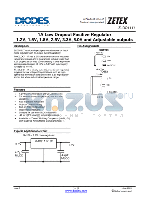 ZLDO1117G33TA datasheet - 1A Low Dropout Positive Regulator 1.2V, 1.5V, 1.8V, 2.5V, 3.3V, 5.0V and Adjustable outputs