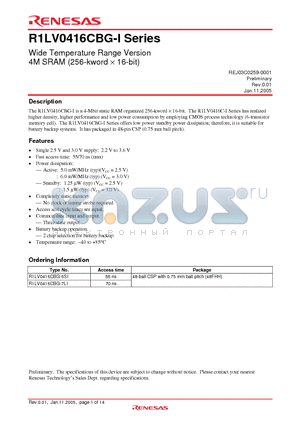 R1LV0416CBG-I datasheet - Wide Temperature Range Version 4M SRAM (256-kword  16-bit)