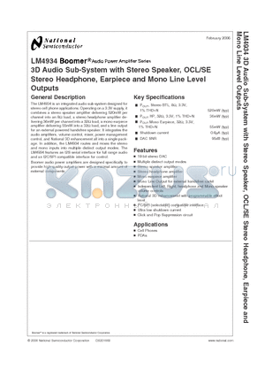 LM4934 datasheet - 3D Audio Sub-System with Stereo Speaker, OCL/SE Stereo Headphone, Earpiece and Mono Line Level Outputs