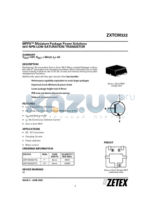 ZXTCM322 datasheet - MPPS Miniature Package Power Solutions 50V NPN LOW SATURATION TRANSISTOR