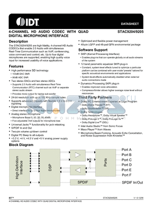 STAC9204D5NBEYYX datasheet - 4-CHANNEL HD AUDIO CODEC WITH QUAD DIGITAL MICROPHONE INTERFACE