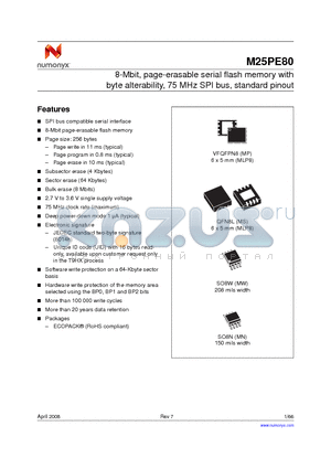 M25PE80 datasheet - 8-Mbit, page-erasable serial flash memory with byte alterability, 75 MHz SPI bus, standard pinout